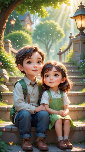 Pixar movie scene style, dreamy fantasy, hyper-realistic, stunning portrait, 1boy, 1girl, two cute children, on the steps in the park, they are friends, sitting on the steps chatting together, happy and happy cute, dreamy , sunshine, blooming flowers and light background blur, dreamy and warm. sunlight, intricate details, 12k, front, cover, unzoom, ultra detailed painting, glow, bar lighting, intricate, 4k resolution concept art portrait by Greg Rutkowski, Artgerm, WLOP, Alphonse Mucha, small fusion pojatti reality, fractal Isometric detail bioluminescence, a stunning realistic photo, wide angle, red, green, white colors