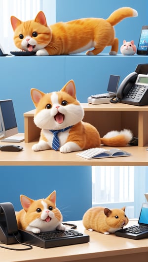 Office Pet Peeves: A triptych showing a cat, a dog, and a hamster each working in an office. The first panel has the cat lazily sprawled on the keyboard, the second panel shows the dog enthusiastically barking at the phone, and the third panel features the hamster running on a tiny wheel instead of doing any work. Affix "VS" digital watermark., 3d render, photo, illustration, typography