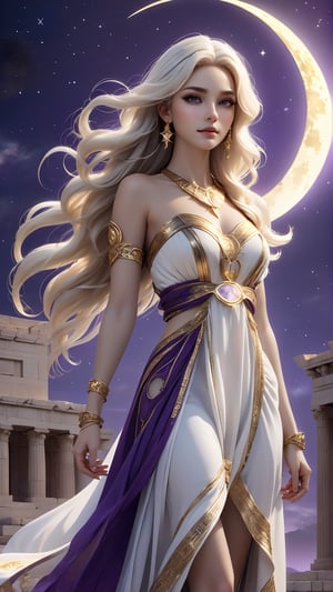 Design a female character, fair skin, white hair, long wavy hair, Tiara with a crescent moon in the center, golden tiara,purple eyes,Hourglass shaped body, long dress,Beautiful ancient Greek dress, Vaporous dress, waving in the wind,strappy heeled sandals, bracelets with intricate details Gold colored bracelets, choker with intricate details, choker in gold color, has a bright white aura,Ancient Greek temple, midnight, multiple stars in the sky,Crescent moon,FULL BODY, HIGTH DETAILED 8K, FULL UHD, 3d render, typography, cinematic, illustration, fashion, architecture, dark fantasy