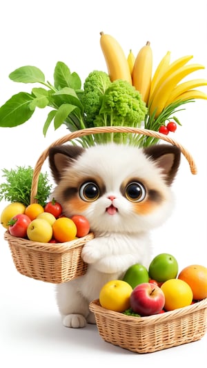 A cute fluffy big eyes so charming and adorable little fuzzy pet, Carrying a basket full of fruits and vegetables and enjoying, white background.