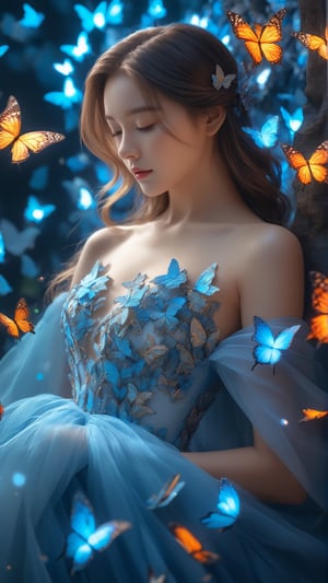 A girl wearing ,glowing butterflies gown dress,fantacy,  ,cinematic, photography,  hyper detailed, trending on artstation, sharp focus, studio photo, intricate details, highly detailed,detailed face, detailed, (ultra hd,) ,photo r3al