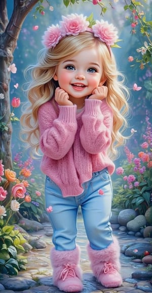 Beautiful eyes so charming and adorable young girl with big eyes, wearing cute and fur socks, pink sweater, blue pants, blonde hair, perfect face, smiling and enjoying the best time, laughing and happiness, headband decorated with flowers, standing under the tree by stream in garden, fantasy background, colorful background, oil painting style, fantasy art, detailed details, colorful colors, bright light, colorful light effects, colorful lights, fantasy realism, full body portrait, fluorescent color scheme, oil watercolor splashing technique, cool and light blue vivid colors tone.