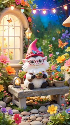 A whimsical garden scene featuring a charming cat gnome sitting on a stone bench. The cat gnome is adorned with a tiny hat and glasses, holding a miniature gardening tool in its paw. The surroundings are filled with vibrant flowers, twinkling fairy lights, and delicate butterflies fluttering about. The overall atmosphere of the image is enchanting and full of charm.