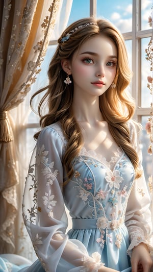 a gentle soft girl of 15 years old lies by the window, a transparent embroidered curtain is swayed by a breeze, the girl is wearing a combination dress made of richelieu lace, made of snow-white fine fabric, the sun's rays fall on the girl's skin, she dreams, delicate pastel colors, velvet bedspreads, many interesting details, figurines, marble, crystal in the room