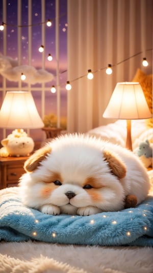 Night scene style, realistic high quality, bedroom furniture, a adorable beautiful little fuzzy pet A cute fluffy so charming and adorable little fuzzy pet, Lying down and Sleeping on the pillow with a fluffy blanket, closed eyes sleeped, so happiness and enjoying, lamps lighting soft bokeh background.