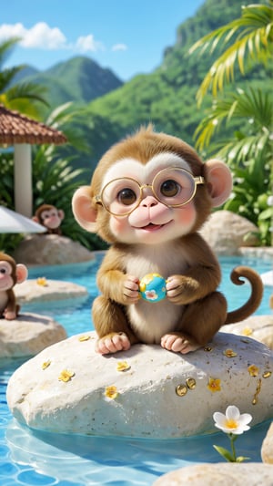 A cute, fluffy baby monkey with soft, white fur lounging playfully on a smooth rock by a poolside. The monkey is wearing adorable, round, gold-framed glasses with little floral embellishments on the sides, adding a touch of whimsy to its look. Its tiny hands rest under its chin as it puckers its lips, giving a playful, almost human-like expression. The background is slightly blurred, featuring a pool with people in the distance, which emphasizes the focus on the charming and adorable monkey. The overall scene is bright, cheerful, and full of light-hearted, playful energy, capturing a moment of pure joy and cuteness., cinematic, photo