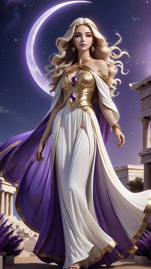 Design a female character, fair skin, white hair, long wavy hair, Tiara with a crescent moon in the center, golden tiara,purple eyes,Hourglass shaped body, long dress,Beautiful ancient Greek dress, Vaporous dress, waving in the wind,strappy heeled sandals, bracelets with intricate details Gold colored bracelets, choker with intricate details, choker in gold color, has a bright white aura,Ancient Greek temple, midnight, multiple stars in the sky,Crescent moon,FULL BODY, HIGTH DETAILED 8K, FULL UHD, 3d render, typography, cinematic, illustration, fashion, architecture, dark fantasy