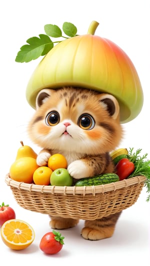 A cute fluffy big eyes so charming and adorable little fuzzy pet, Carrying a basket full of fruits and vegetables and enjoying, white background.