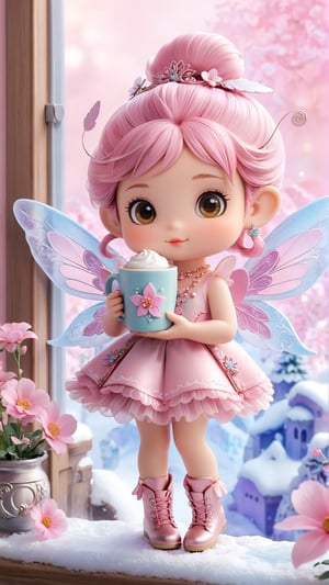 Botoom big pink bold font, words: "Lovely!". A charming close-up of a KUPTAPA-crafted chibi fairy, perched on a windowsill. The fairy, exuding whimsical charm, clutches a steaming mug of coffee in her tiny hands. Her attire consists of a fluttery dress, intricate wings, and delicate pink flowers that accentuate her enchanting presence. The elaborate wlop and frozen flowers surrounding her create a captivating atmosphere. The overall design, featuring soft, delicate colors and a touch of fantasy, is visually appealing and evokes a sense of wonder., typography