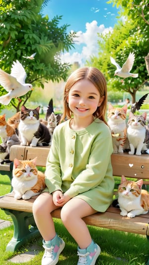 a cute adorable little girl sitting on a park bench, surrounded by her adorable feline companions. Each cat has a unique color and marking, and they're all cuddling up to their owner, who is smiling lovingly at them. The background is a lush green park with a sunny sky and a few birds flying overhead. The overall atmosphere of the image is warm, cozy, and full of love.