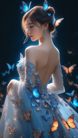 A girl wearing ,glowing butterflies gown dress,fantacy,  ,cinematic, photography,  hyper detailed, trending on artstation, sharp focus, studio photo, intricate details, highly detailed,detailed face, detailed, (ultra hd,) ,photo r3al