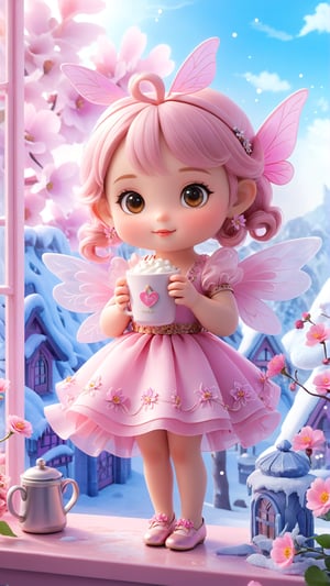 Pixar anime movie scene style, realistic high quality portrait photography, Botoom big pink bold font, words: "Lovely!". A charming close-up of a KUPTAPA-crafted chibi fairy, perched on a windowsill. The fairy, exuding whimsical charm, clutches a steaming mug of coffee in her tiny hands. Her attire consists of a fluttery dress, intricate wings, and delicate pink flowers that accentuate her enchanting presence. The elaborate wlop and frozen flowers surrounding her create a captivating atmosphere. The overall design, featuring soft, delicate colors and a touch of fantasy, is visually appealing and evokes a sense of wonder., typography