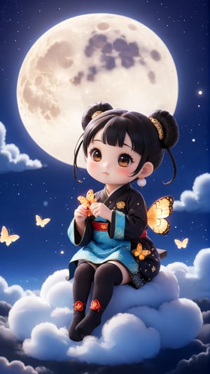 1girl, solo, black hair, hair ornament, brown eyes, sitting, sky, socks, cloud, hair bun, chibi, black eyes, double bun, night, chinese clothes, moon, bug, butterfly, night sky, full moon