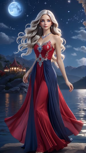 A stunning 3D render of the character Lilia, a graceful and mysterious woman. Lilia has long, flowing silver hair and enchanting deep blue eyes. She is adorned with elegant jewelry and a flowing, ethereal red dress that shimmers like the night sky. The background shows a serene night scene with a full moon, a calm lake, and a starry sky above. The overall atmosphere is magical and captivating, as if Lilia herself embodies the essence of a celestial being., photo, 3d render