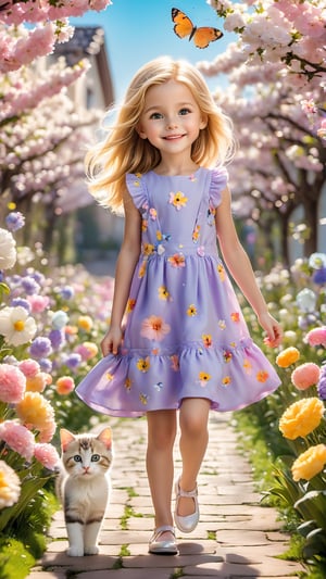 In spring, flowers are in bloom. A beautiful and cute little girl with blond hair is walking in a garden full of flowers. She is holding a super cute kitten on the flower path, smiling happily. The cat's eyes are big, bright and charming. Cute, petals flying in the air.