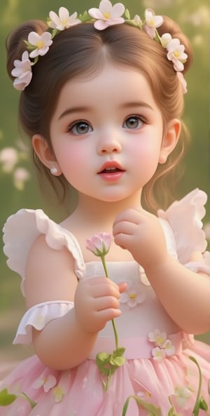 the beautiful round eyes so charming and adorable little girl's hand holding the flower nice photo 