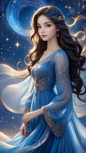 A graceful and enchanting illustration by artist Paola Salome, featuring a young girl adorned in a delicate, intricately-designed dress. The girl has a captivating gaze, and her long, flowing hair is a vibrant shade of blue. A halo of stars surrounds her head, giving the image an ethereal and magical feel. The background is a dreamy, star-filled sky, creating a sense of wonder and enchantment.