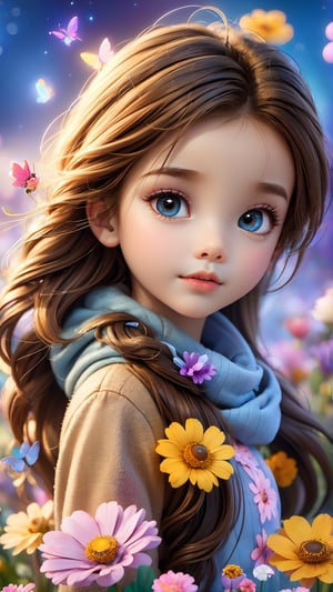 flowers blooming bokeh as background, illustration, wood, fairies, adorable and beautiful eyes little girl, perfect face, full body, the background will need to be removed so high contrast is needed amongst the elements that make up the image, depth of field.