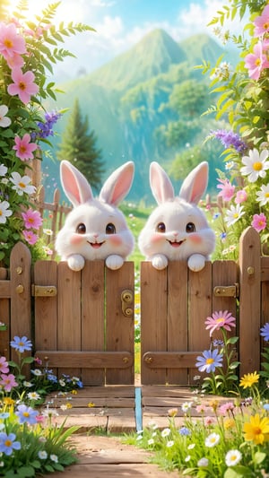 Two cute fluffy little fuzzy rabbits katching the fence wooden door, smile and happy, flowers blooming fantastic, wild flowers bloom around the fence and garden, beautiful and fantastic and dreamy, dreamy romantic scene style, depth of field.