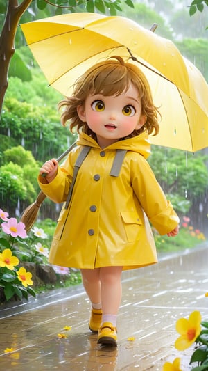 Pixar anime movie scene style,The typhoon is coming. A beautiful eyes so charming and light brown hair adorable cute little girl is wearing a yellow raincoat and walking on the street in the wind and rain. The wind and rain are heavy, and the flowers and trees are bent by the wind and rain.Trees bent by the wind by the roadside as background.