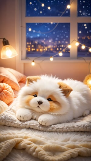 Night scene style, realistic high quality, bedroom furniture, a adorable beautiful little fuzzy pet A cute fluffy so charming and adorable little fuzzy pet, Lying down and Sleeping on the pillow with a fluffy blanket, closed eyes sleeped, so happiness and enjoying, lamps lighting soft bokeh background.