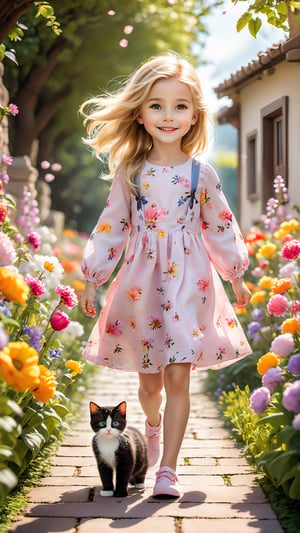 In spring, flowers are in bloom. A beautiful and cute little girl with blond hair is walking in a garden full of flowers. She is holding a super cute kitten on the flower path, smiling happily. The cat's eyes are big, bright and charming. Cute, petals flying in the air.