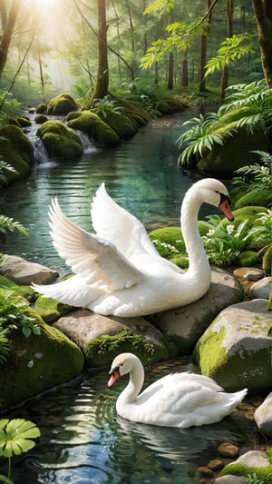 A small natural rock waterfall, tumbling into a brook that winds it's way into the forest.a beautiful adorable Swan in water, photo, cinematic, wildlife photography
A stunning cinematic wildlife photograph capturing a pristine natural scene. A small, picturesque rock waterfall cascades into a winding brook that meanders gracefully through the dense forest. The crystal-clear water shimmers under the soft sunlight, and the lush greenery creates a serene atmosphere. A beautiful, adorable swan glides gracefully across the water, its elegant neck curved in a swan dive, while the surrounding flora and fauna are in perfect harmony., cinematic, photo, wildlife photography