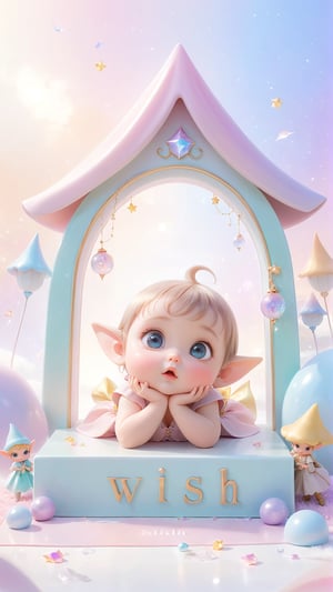 On a completely white background, a cute kawai style baby of an elf girl with big eyes, underneath a sign written "Wish". A tranquil dreamscape, displayed in delicate pastels colors, each tone harmonizing to create an ethereal and abstract symphony. Excellent representation. Magnificent image, ultra-detailed and hyper-realistic masterpiece, 4D, high quality portrait photography 