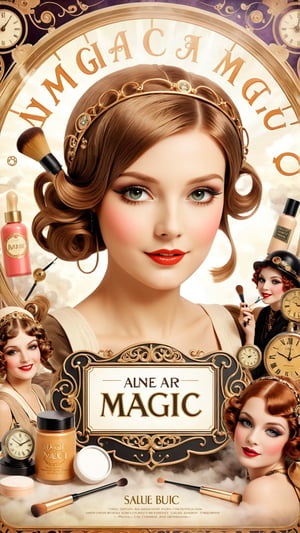 A detailed whimsical background in the 1920s, with young, cheerful women with the typical different hairstyles of that time, testing cosmetic products, with the focus on the quality of the products and the skill in applying make-up. With a touch of Mucha and steam punk.
At the bottom right is the text in thin font: “Magic-Art”., photo, typography, conceptual art, 3d render