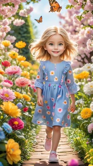 In spring, flowers are in bloom. A beautiful and cute little girl with blond hair is walking in a garden full of flowers. She is holding a super cute kitten on the flower path, smiling happily. The cat's eyes are big, bright and charming. Cute, petals flying in the air.