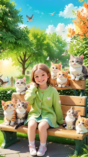 A charming illustration of a cute adorable little girl sitting on a park bench, surrounded by her adorable feline companions. Each cat has a unique color and marking, and they're all cuddling up to their owner, who is smiling lovingly at them. The background is a lush green park with a sunny sky and a few birds flying overhead. The overall atmosphere of the image is warm, cozy, and full of love.