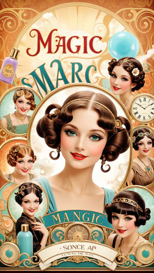 A detailed whimsical background in the 1920s, with young, cheerful women with the typical different hairstyles of that time, testing cosmetic products, with the focus on the quality of the products and the skill in applying make-up. With a touch of Mucha and steam punk.
At the bottom right is the text in thin font: “Magic-Art”., photo, typography, conceptual art, 3d render