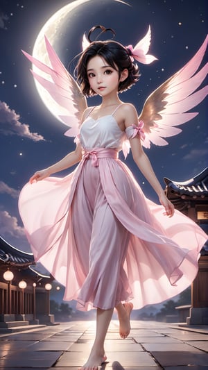 1girl, solo, looking at viewer, short hair, black hair, twintails, brown eyes, full body, parted lips, Pink and white, wings, sky, barefoot, star \(symbol\), blurry, black eyes, double bun, night, moon, outstretched arms, child, night sky, full moon, hair rings, flying, fairy wings, fairy, architecture, east asian architecture