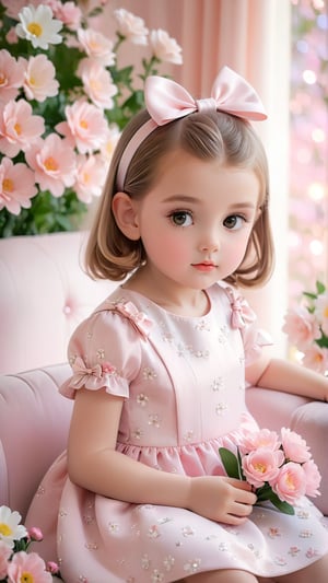 Night style, Side view shot, Flowers bloom, A beautiful adorable girl, With a small bow tied on her head, beautiful eyes, and a cute little girl sitting on the soft sofa, she wearing light pink and white dress .lovely portrait photography, realistic high quality portrait image,flowers bloom bokeh background, depth of field.