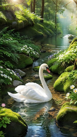 A small natural rock waterfall, tumbling into a brook that winds it's way into the forest.a beautiful adorable Swan in water, photo, cinematic, wildlife photography
A stunning cinematic wildlife photograph capturing a pristine natural scene. A small, picturesque rock waterfall cascades into a winding brook that meanders gracefully through the dense forest. The crystal-clear water shimmers under the soft sunlight, and the lush greenery creates a serene atmosphere. A beautiful, adorable swan glides gracefully across the water, its elegant neck curved in a swan dive, while the surrounding flora and fauna are in perfect harmony., wild flowers bloom and so colourful and beautiful, cinematic, photo, wildlife photography