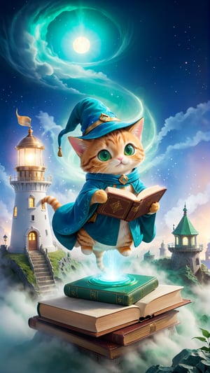 A captivating scene where a small, anthropomorphic tabby cat wearing a blue wizard's hat and robe is perched atop a misty, ancient lighthouse. The cat, with emerald green eyes, is flipping through the pages of a mysterious, ornate brown book. The lighthouse, surrounded by thick fog, emits a single beam of light that intertwines with the glowing embers and sparks from the book, casting a magical, ethereal glow. The cityscape, visible in the distance, appears to be a blurred, dreamlike world, as if the reader has been transported to a magical realm.
