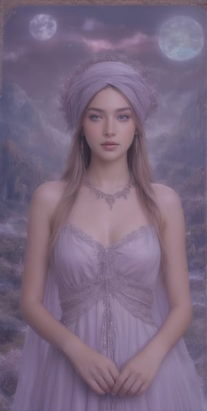 A beautiful girl with long hair in an ancient Greek dress stands on the background of mountains and purple neon lights, blue moonlight, light painting, fantasy art style, colorful costumes, mysterious portrait, fantasy realism, dreamy atmosphere, detailed facial features, fluorescent colors, soft focus, bokeh, pink moon at night sky. In front there is a headdress made from silver beads, a large sapphire necklace around her neck, and small gemstones woven into it. The woman's eyes were closed