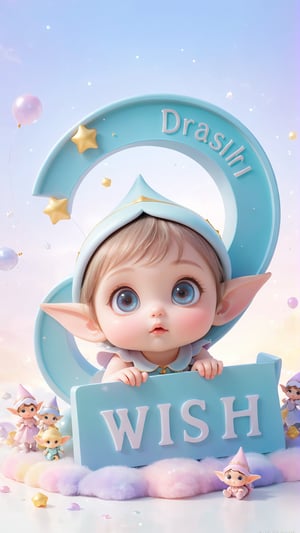 On a completely white background, a cute kawai style baby of an elf girl with big eyes, underneath a sign written "Wish". A tranquil dreamscape, displayed in delicate pastels colors, each tone harmonizing to create an ethereal and abstract symphony. Excellent representation. Magnificent image, ultra-detailed and hyper-realistic masterpiece, 4D, high quality portrait photography 