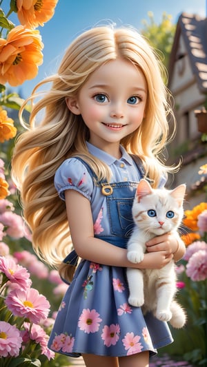 In spring, flowers are in bloom. A beautiful and cute little girl with blond hair is walking in a garden full of flowers. She is holding a super cute kitten on the flower path, smiling happily. The cat's eyes are big, bright and charming. Cute, petals flying in the air.