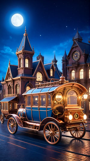 Create a high-resolution digital image of a steampunk vehicle in a Victorian-era city at night. The vehicle should combine elements of a Victorian carriage and a vintage automobile, with intricate brass and copper details. The scene should be illuminated by warm streetlights and building windows, with cool blue and dark tones in the background. Ensure the vehicle is sharply detailed, with the background buildings softly blurred for depth