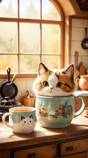 Whimsical scene of a curious cat, ears perked and whiskers twitching, peeking out from the rim of a quaint, hand-painted mug. Fluffy tail entwined around the handle, as if claiming ownership. Sunlit kitchen background features a rustic wooden table, vintage stove, and warm tones, evoking a sense of cozy comfort. Kitchen staff background, Depth of field.