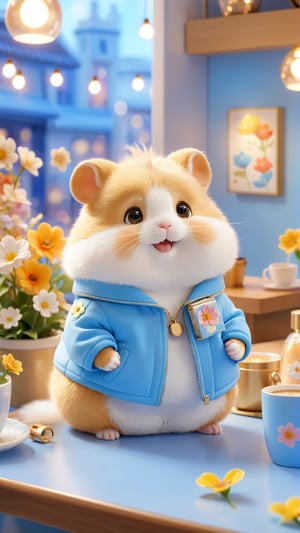 Side view shot, Pixar anime movie scene style, realistic high quality, flowers bloom scene,render style, Café, a cute beautiful eyes so charming little fuzzy golden white fat hamster, wearing light blue jacket standing on the caffee shop desk holding a perfume coffee, smile and enjoy the coffee perfume so happiness flowers bloom and lighting bokeh background, depth of field