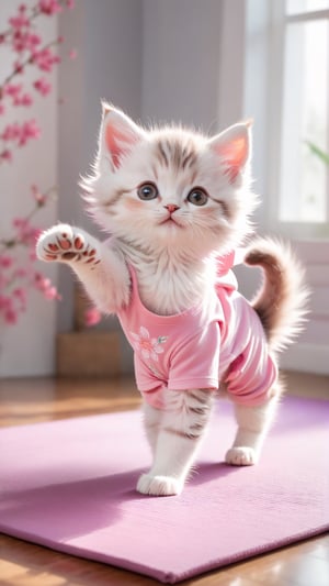 Flowers blooming, an adorable kitten wearing pink yoga suits in yoga pose and another yoga pose,doing a yoga on yoga mat,photo real,classic composition,masterpiece,exquisite,color correction,amazing visual effects,crazy details,Hold your hands on the ground and do a handstand,intricate details,sharp focus,HD, yoga pose, flowers blooming fantastic amazing and bokeh background, depth of field 