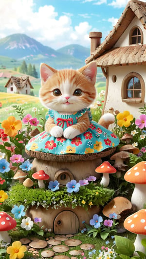 Charming and whimsical rustic centerpiece illustration of an adorable little kitten sitting in a vibrant mushroom garden.  The little cat has a sweet smile and wears an exquisite floral dress.  Surrounding the kitten is a row of colorful mushrooms, some of which have cute faces.  The background depicts a quaint cottage with a thatched roof and blooming flowers, creating a peaceful, idyllic country atmosphere.