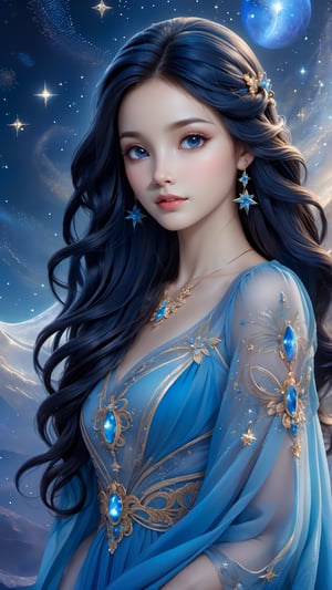 A graceful and enchanting illustration by artist Paola Salome, featuring a young girl adorned in a delicate, intricately-designed dress. The girl has a captivating gaze, and her long, flowing hair is a vibrant shade of blue. A halo of stars surrounds her head, giving the image an ethereal and magical feel. The background is a dreamy, star-filled sky, creating a sense of wonder and enchantment.