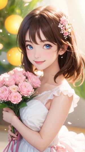Pixar anime movie scene style, Flowers bloom, a beautiful and charming eyes girl wearing light pink and white ruffled dress, holding flowers bouquet, smile, realistic high quality portrait photography, animation, perfect face, light brown hair, full body style, soft-edged, lamps lighting soft, flowers bloom, lighting soft bokeh, fantastic and dreamy. Depth of field.