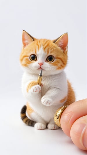 In macro photography, on a thick finger, there is a pocket-sized version of a very small cat holding the tip of the finger, exuding immense cuteness and surrealism. The background is a stark white, with the composition following the golden ratio, creating a visually appealing and harmonious image.