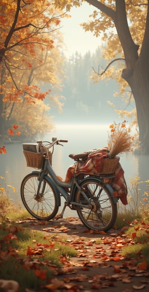 Photographs by master photographers,A serene autumn morning by the lake, with a bicycle parked on a path, soft mist rising from the lake, golden and red leaves scattered around, the bicycle's basket holds a cozy blanket, a book, and a bunch of dry flowers, the morning sunlight gently filters through the mist, creating a peaceful and poetic atmosphere ,highly detailed,high-definition details, exquisite illustrations.