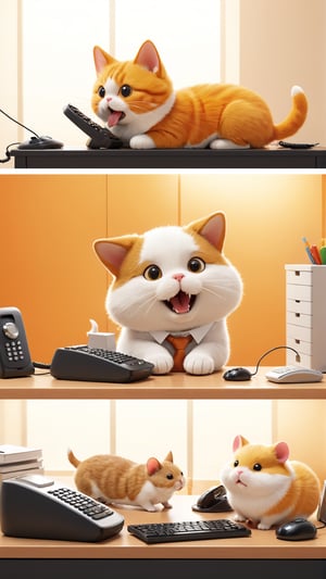 Office Pet Peeves: A triptych showing a cat, a dog, and a hamster each working in an office. The first panel has the cat lazily sprawled on the keyboard, the second panel shows the dog enthusiastically barking at the phone, and the third panel features the hamster running on a tiny wheel instead of doing any work. Affix "VS" digital watermark., 3d render, photo, illustration, typography