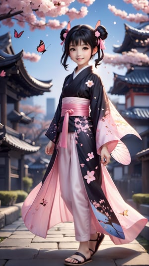 1girl, solo, smile, open mouth, black hair, hair ornament, long sleeves, twintails, full body, outdoors, japanese clothes, wings, sky, shoes, kimono, blurry, black eyes, tree, sash, night, obi, bug, short twintails, cherry blossoms, butterfly, child, star \(sky\), night sky, flying, pink footwear, fairy wings, female child, fairy, black kimono, architecture, east asian architecture, butterfly wings